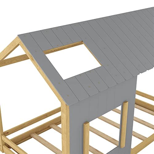 Wood House Twin Bed with Slats, Roof & Window for Kids