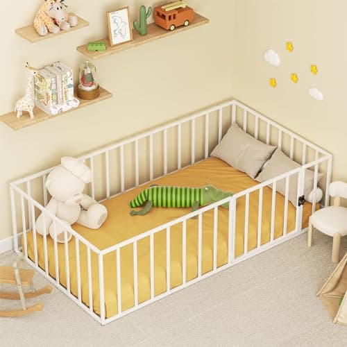 LOVMOR Safety-Fenced Twin Metal Floor Bed for Kids with Door