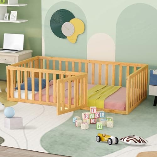 Solid Wood Montessori Floor Bed for Children with Fence & Door