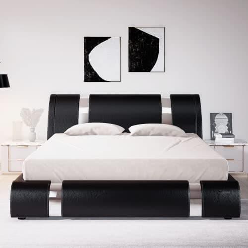 Allewie Black Queen Bed Frame with Iron Decor & Faux Leather Upholstered Platform