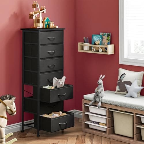 Black Tall Dresser with 7 Fabric Drawers for Bedroom