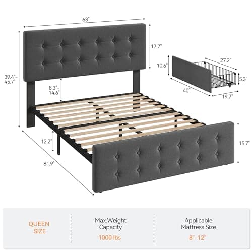 IDEALHOUSE Queen Size Linen Upholstered Bed Frame with 4 Drawers & Headboard, Dark Grey