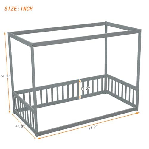 Wooden Twin Montessori Floor Bed Frame with Canopy and Guardrails