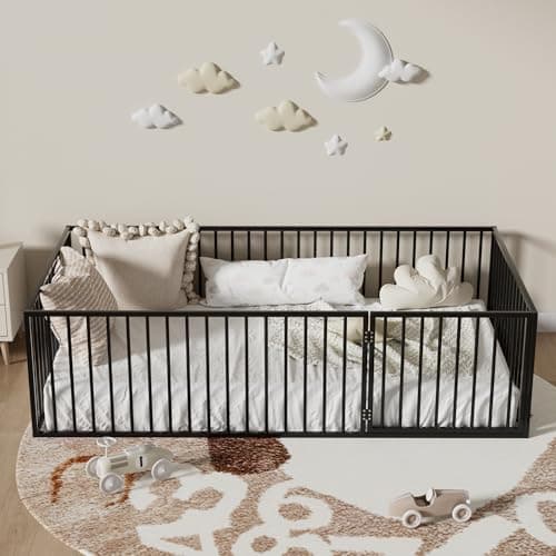 Montessori Safety Floor Bed Frame for Kids, Black No Box Spring Needed