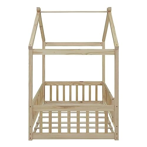 i-POOK Twin Size Montessori Bed Playhouse with Fence and Roof for Kids