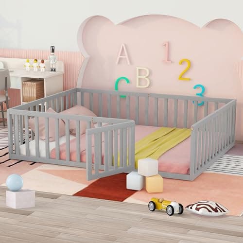 Montessori Metal Floor Bed for Kids with Door & Safety Guards, White