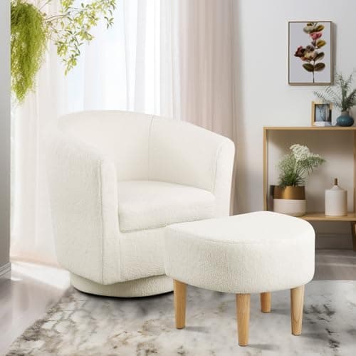 Beige 360 Degree Swivel Accent Chair with Ottoman for Living Room and Bedroom