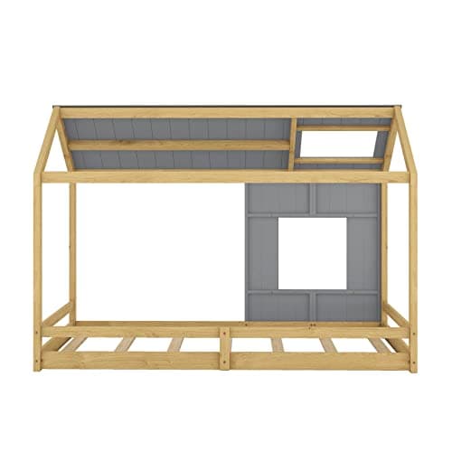 Wood House Twin Bed with Slats, Roof & Window for Kids