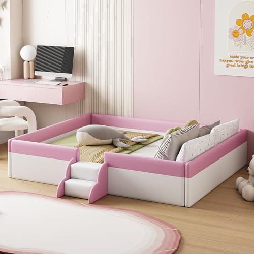Montessori Queen Size Floor Bed for Kids (Brown+White)
