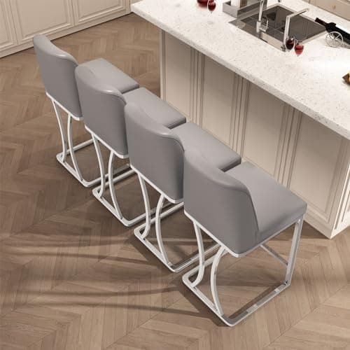 Silver Metal Frame Grey Bar Stools Set of 4 with Footrest