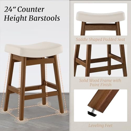 Antique White Leather Bar Stools Set of 3, Sturdy Wood Legs, 24 Inch Farmhouse Counter Height