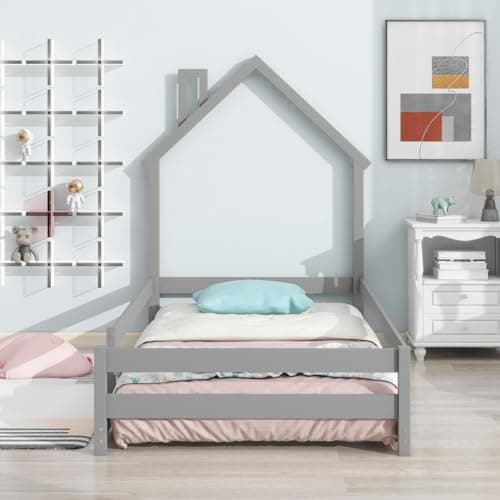 Montessori Twin Floor Bed with House-Shaped Headboard and Fence Guardrails