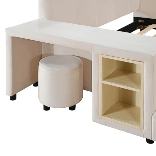 Beige Velvet Upholstered Queen Bed with Desk & Stool, No Box Spring Required