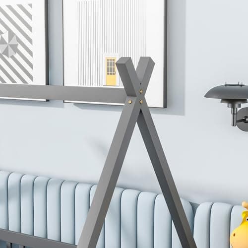 Montessori Floor Bed for Kids with Guardrails, Twin Size, Tent-Shaped Grey Frame