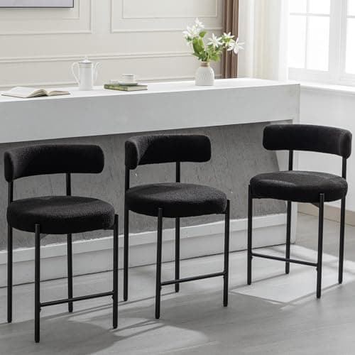 Mid-Century Modern Black Boucle Bar Stools, Set of 3, 24'' High, Kitchen Island Dining Room