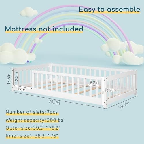 Tatub Twin Floor Bed for Kids with Safety Guardrails, Wood Frame, Twin-White