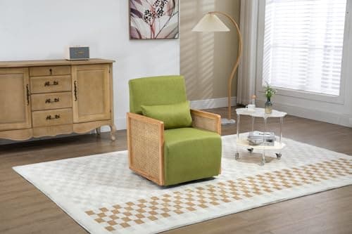 Modern Swivel Accent Chair with Rattan Armrests and Lumbar Pillow, Green