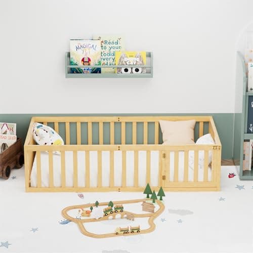 Montessori Twin Size Floor Bed for Children, Wood Frame with Fence & Door, Natural Color