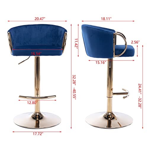 Adjustable Velvet Swivel Bar Stools Set of 2, Navy Color, for Dining Room Home Bar Kitchen Island
