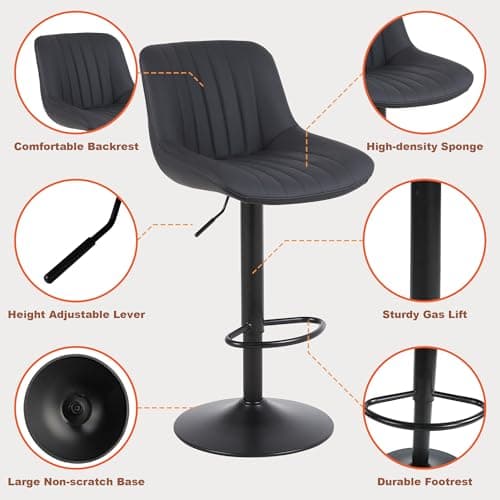 Swivel Counter Height Bar Stools, Black with Back Adjustable PU Leather