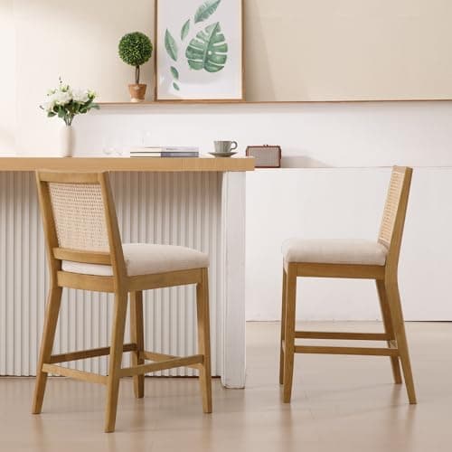 Rattan 26" Counter Stools, Set of 4, Cream Boho Kitchen Chairs