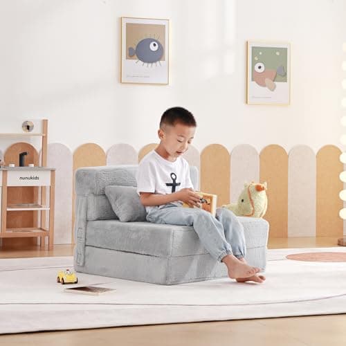 Tiita Kids Foldable Futon Bed Mattress Sofa with Storage Bag, Plush Grey