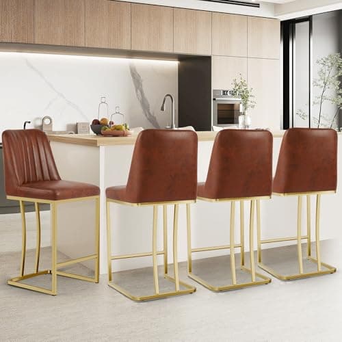 LSSBOUGHT Gold Metal Counter Height Bar Stools Set of 4, Beige Padded Leathaire Back