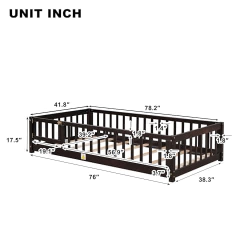 Twin Size Wood Montessori Bed with Convertible Door & Safety Guardrails for Kids, Espresso
