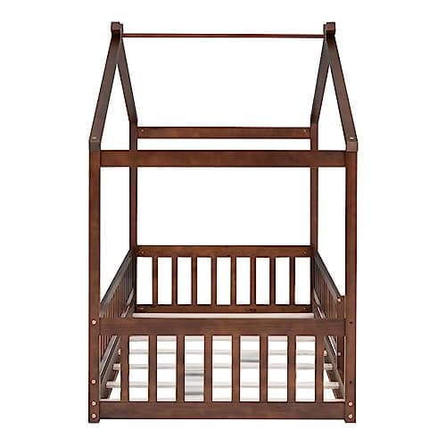 i-POOK Walnut Twin Size Montessori Wood Floor Bed with Fence and Roof