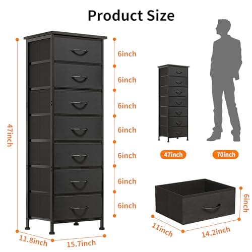 Black Tall Dresser with 7 Fabric Drawers for Bedroom