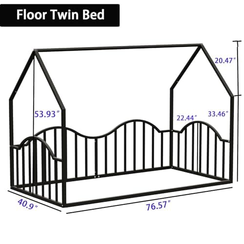 Twin Metal Floor Bed with Roof for Kids, No Box Spring Needed, Black