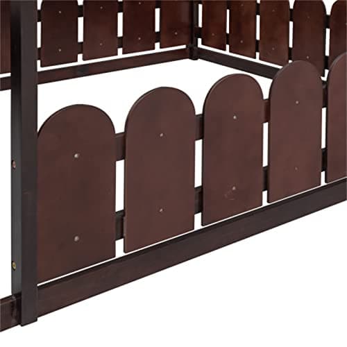 Wood House Bed Frame with Fence & Roof for Kids and Teens, Full Size Floor Bed with Guardrail, Espresso