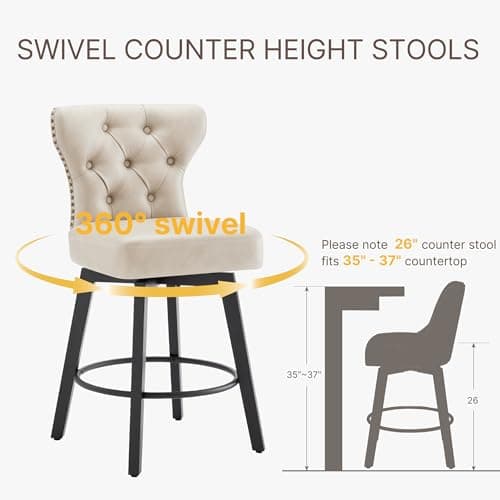 Beige Nailhead Trim Barstools 26" Swivel Kitchen Island Stools, Set of 4