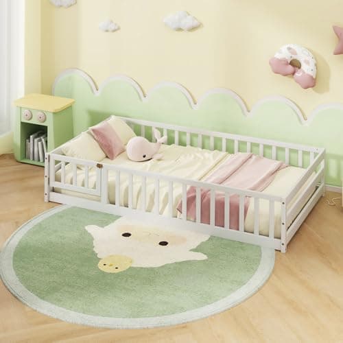 Giantex Safety Floor Bed with Door & Fence, Twin, White