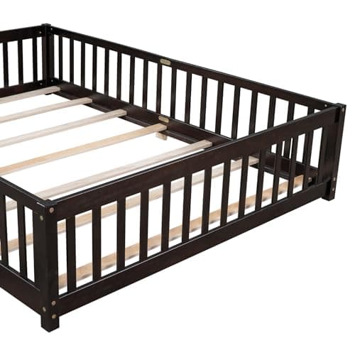 i-POOK Queen Size Montessori Bed Frame with Guardrails and Door in Espresso