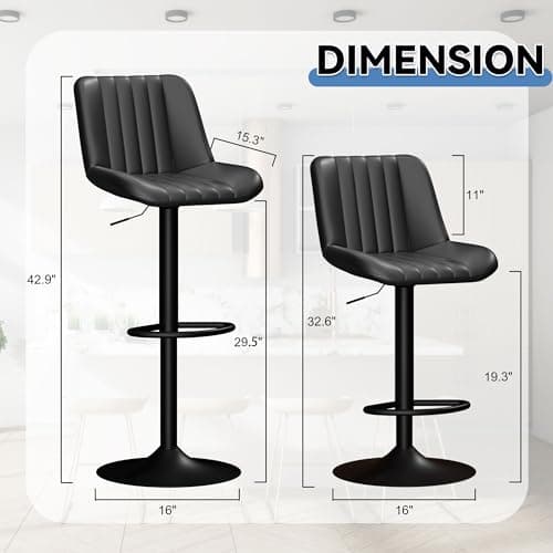 JAMFLY Set of 4 Adjustable Swivel Bar Stools for Kitchen Island, Black Leather