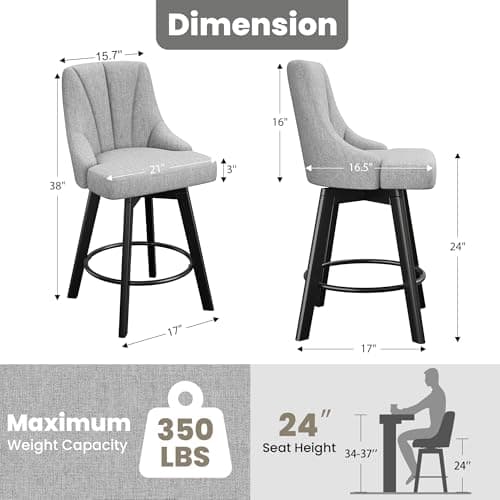 Light Gray Fabric Back Bar Stools, 24" Counter Height Set of 2