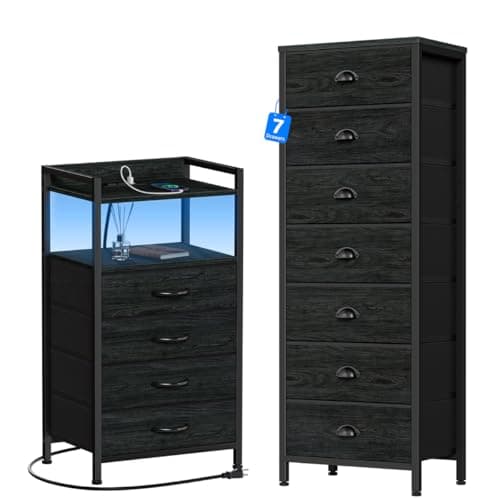 Furnulem 7-Drawer Dresser, Black with Fabric Bins & LED Light