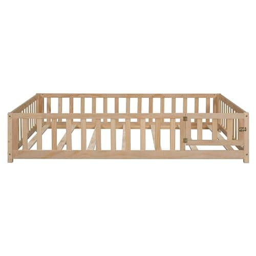 Bellemave Full Size Montessori Bed Frame with Door, Fence & Natural Wood