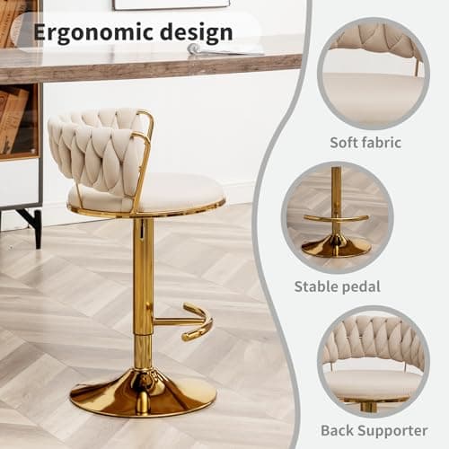 Beige Velvet Gold Bar Stools Set of 4, Counter Height, Low Back, Adjustable & Swivel