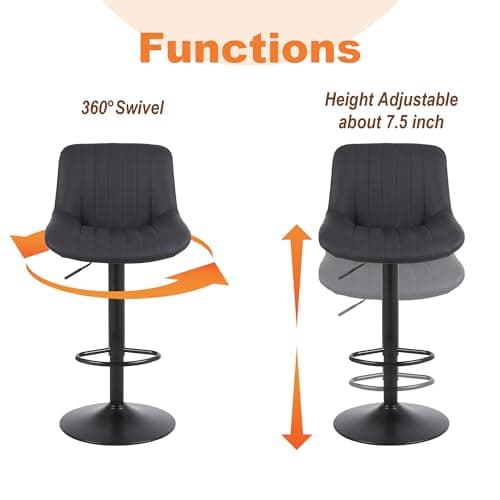 Swivel Counter Height Bar Stools, Black with Back Adjustable PU Leather