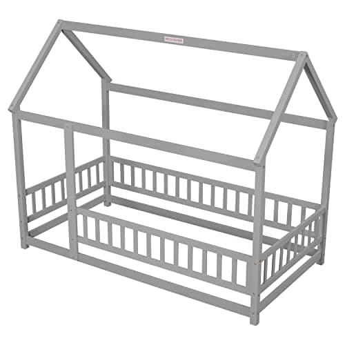 Gray Twin Montessori Floor Bed with Roof & Fence, Easy Assemble No Box Spring Needed