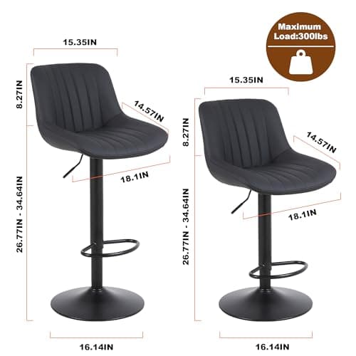 Swivel Counter Height Bar Stools, Black with Back Adjustable PU Leather