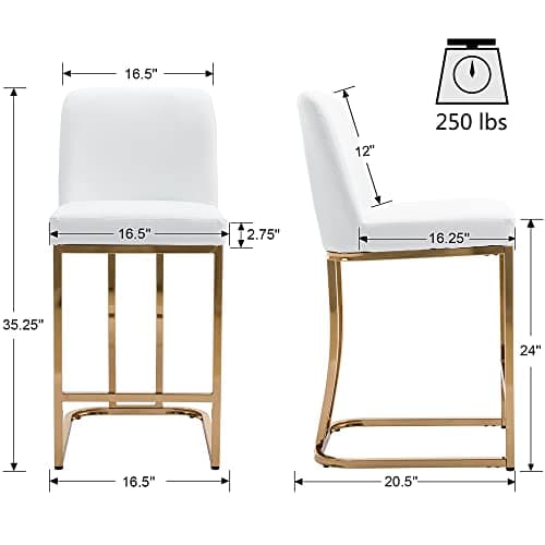 VESCASA Mid-Century Modern 24 Counter Height Barstools with Back - Set of 2, White Faux Leather with Gold Frame for Kitchen or Bar