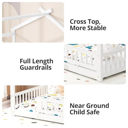 White Wooden Fence Twin Bed with Slats Support for Kids Bedroom