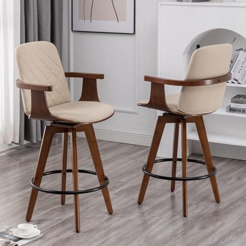 Set of 2 Upholstered Faux Leather Swivel Bar Stools with Wooden Arms and Legs, 25.6-Inch Seat Height (Black, 26 Counter Height)
