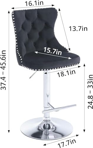 Modern Black Velvet Bar Stool Set with High Back & Nailheads Trim for Home Bar & Kitchen Island