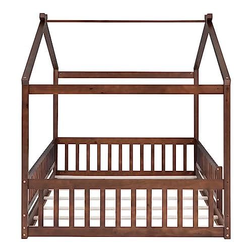 i-POOK Kids Full Size Montessori House Bed with Fence, Roof, Walnut Wood Frame