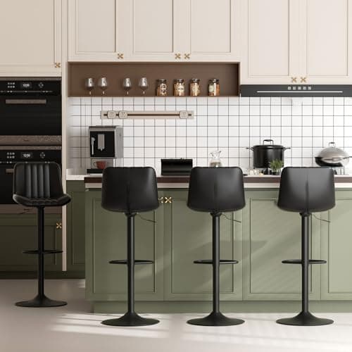 JAMFLY Set of 4 Adjustable Swivel Bar Stools for Kitchen Island, Black Leather