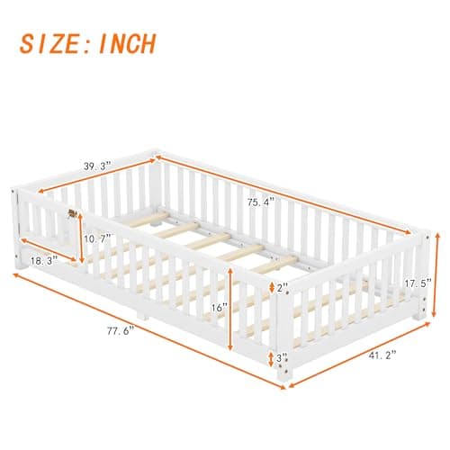 Wooden Montessori Twin Floor Bed with Slats and Support Bar